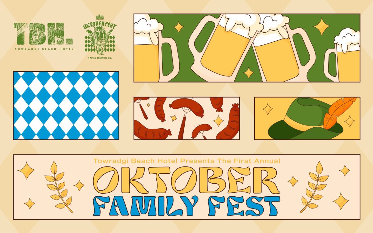 Flyer for Oktober Family Fest at Towradgi Beach Hotel featuring illustrations of sausages, flagons of beer and pretzels