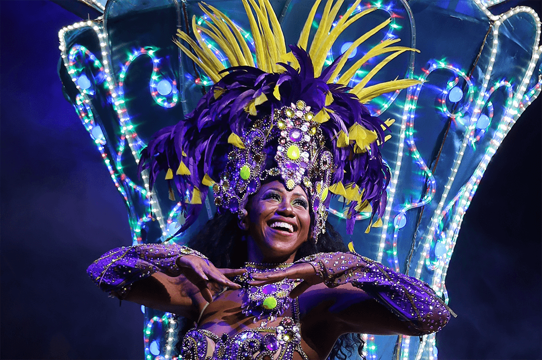 Close up of smiling woman in Rio Carnivale style dance costume
