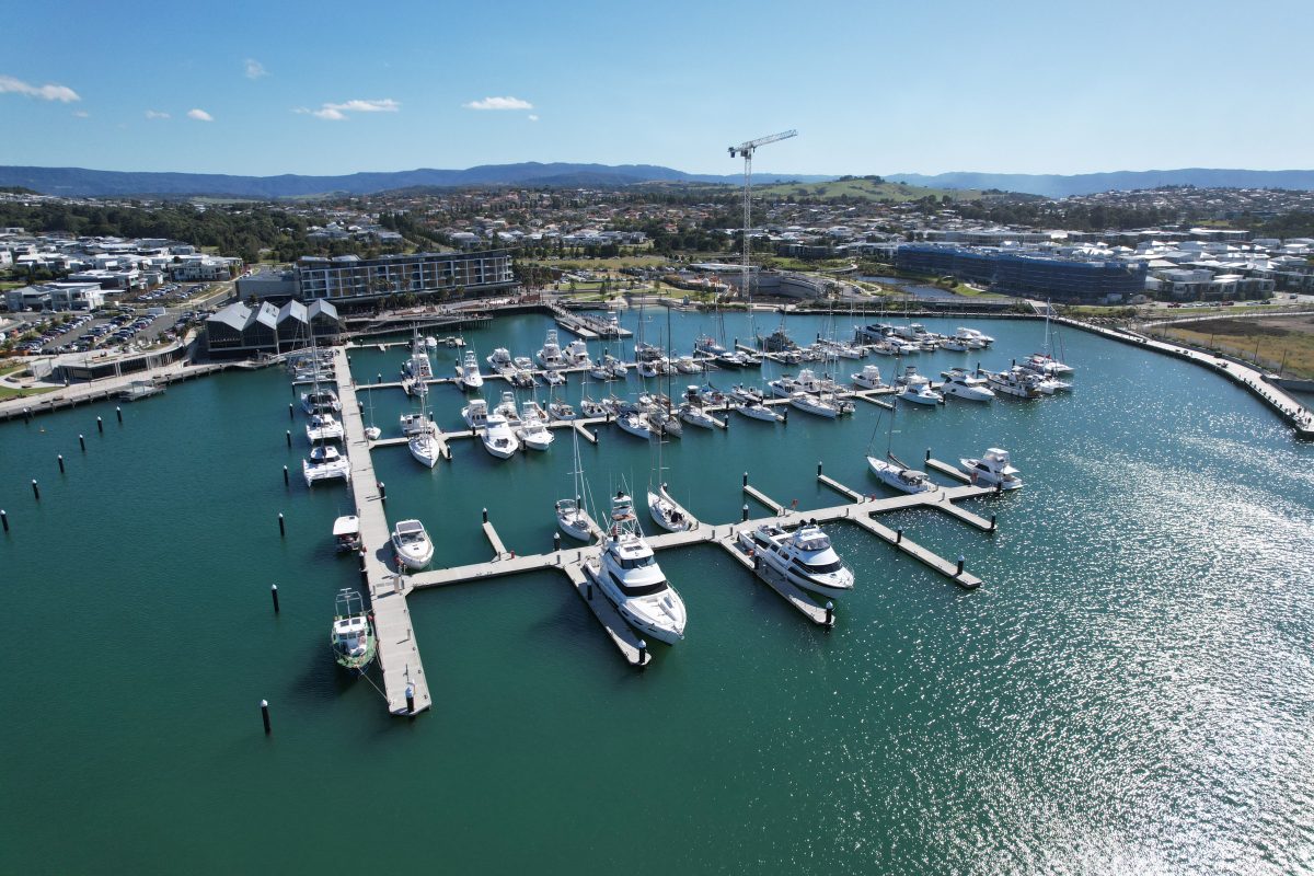 Aerial view of boats in Shellharbour Marina at Shell Cove.