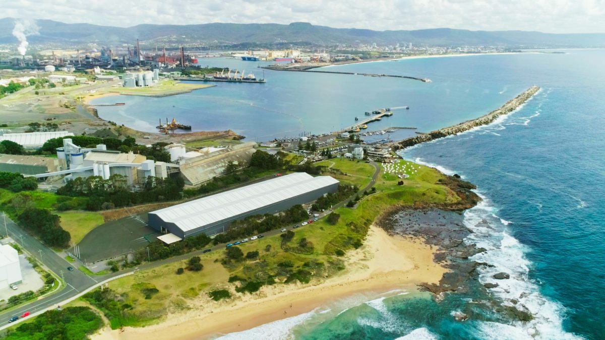 Aerial shot of Hysata headquarters at MM Beach in Port Kembla