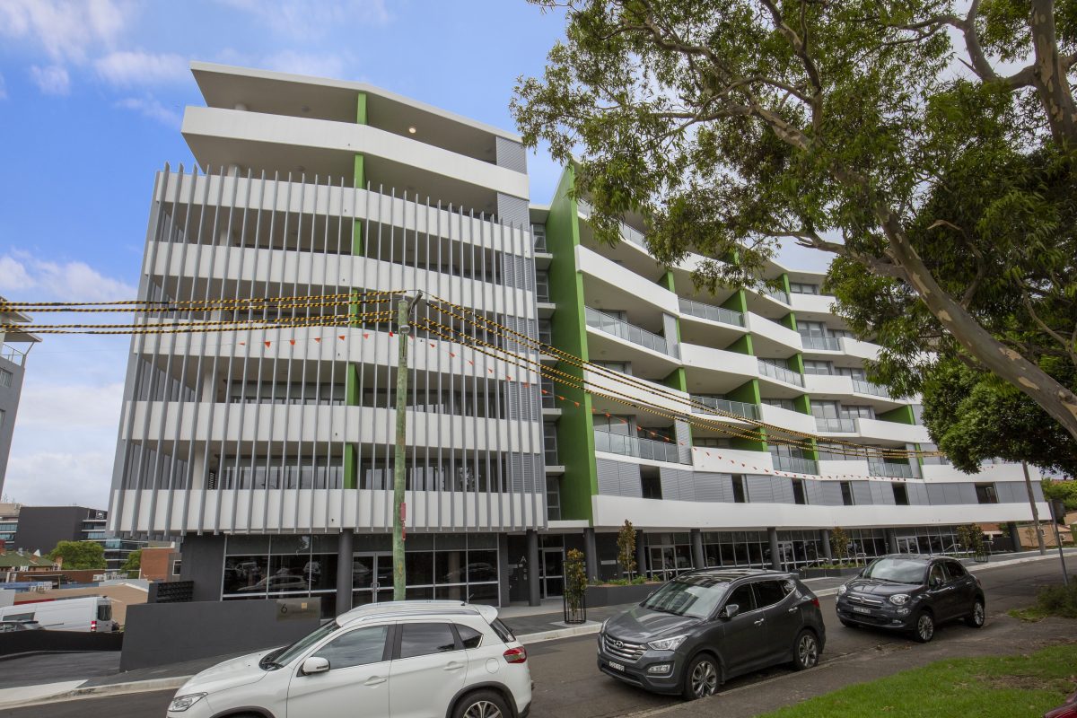 Facade of United For Care vertical village on Thomas Street in Wollongong
