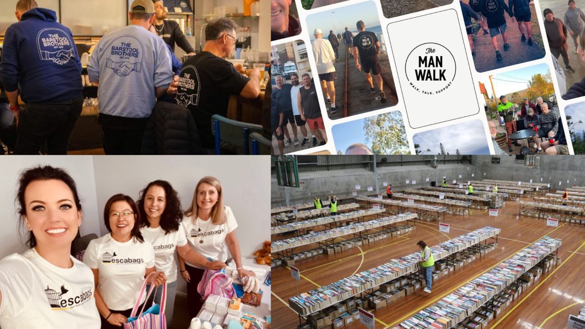 Collage of men's group, women and charity bags, display hall, and men's walk images