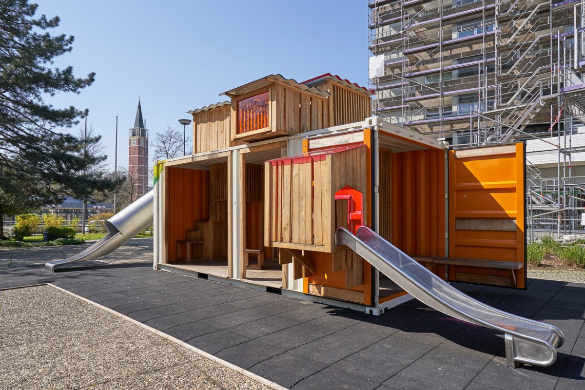 A playground house built from a cargo container