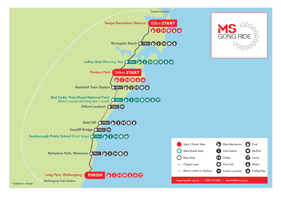 Map of 82-km MS Gong course from Tempe to Wollongong.