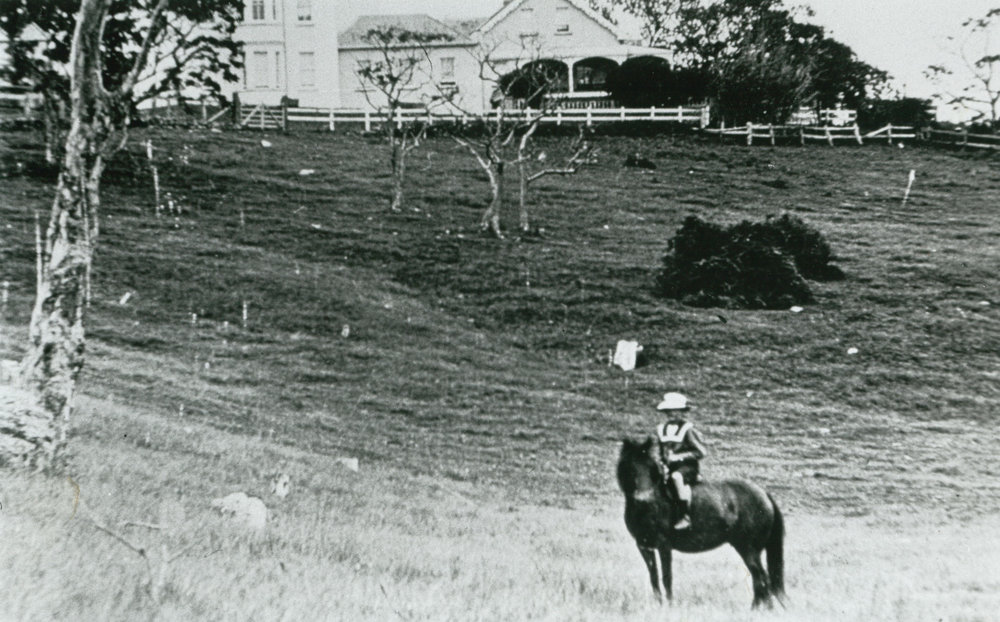 Person riding a horse, with a homestead in the background