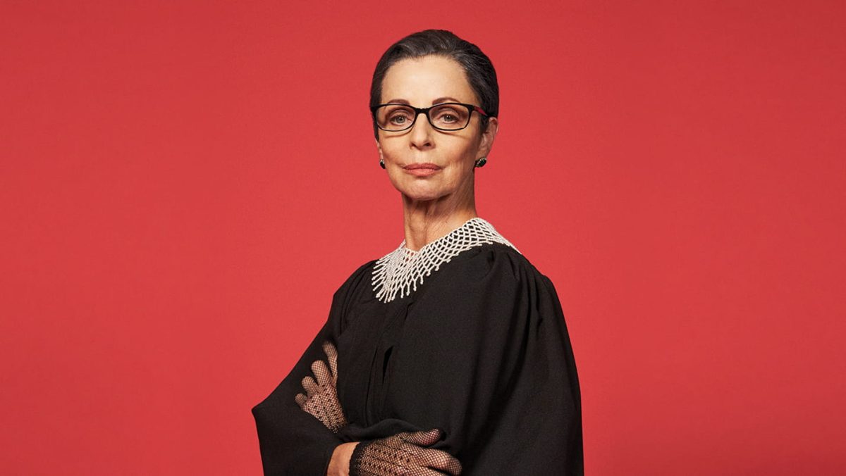 Actress Heather Mitchell dressed as Ruth Bader Ginsburg