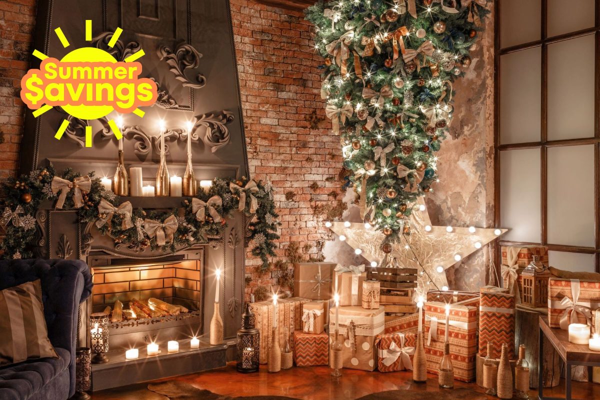 Upside-down Christmas tree in a decorated room.