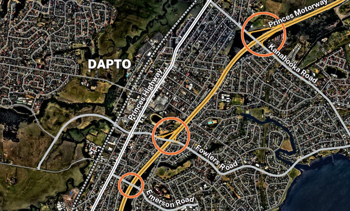 Map of Dapto with three proposed ramp locations. 