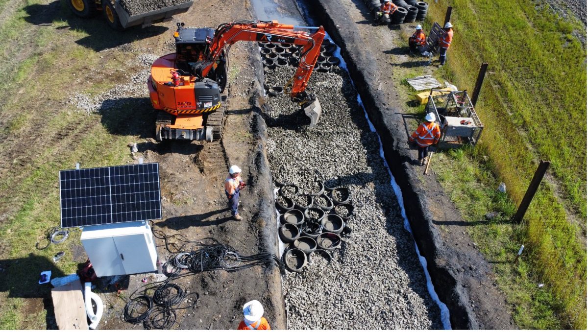 Drone view of the construction of the innovative and patented rubber tyre foundation technology in a Sydney suburb based on Professor Indraratna’s research