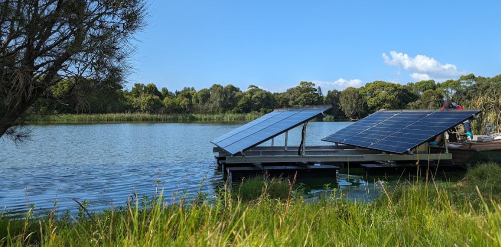 Solar powered pumps sit on the water at Coomaditchie Lagoon.
