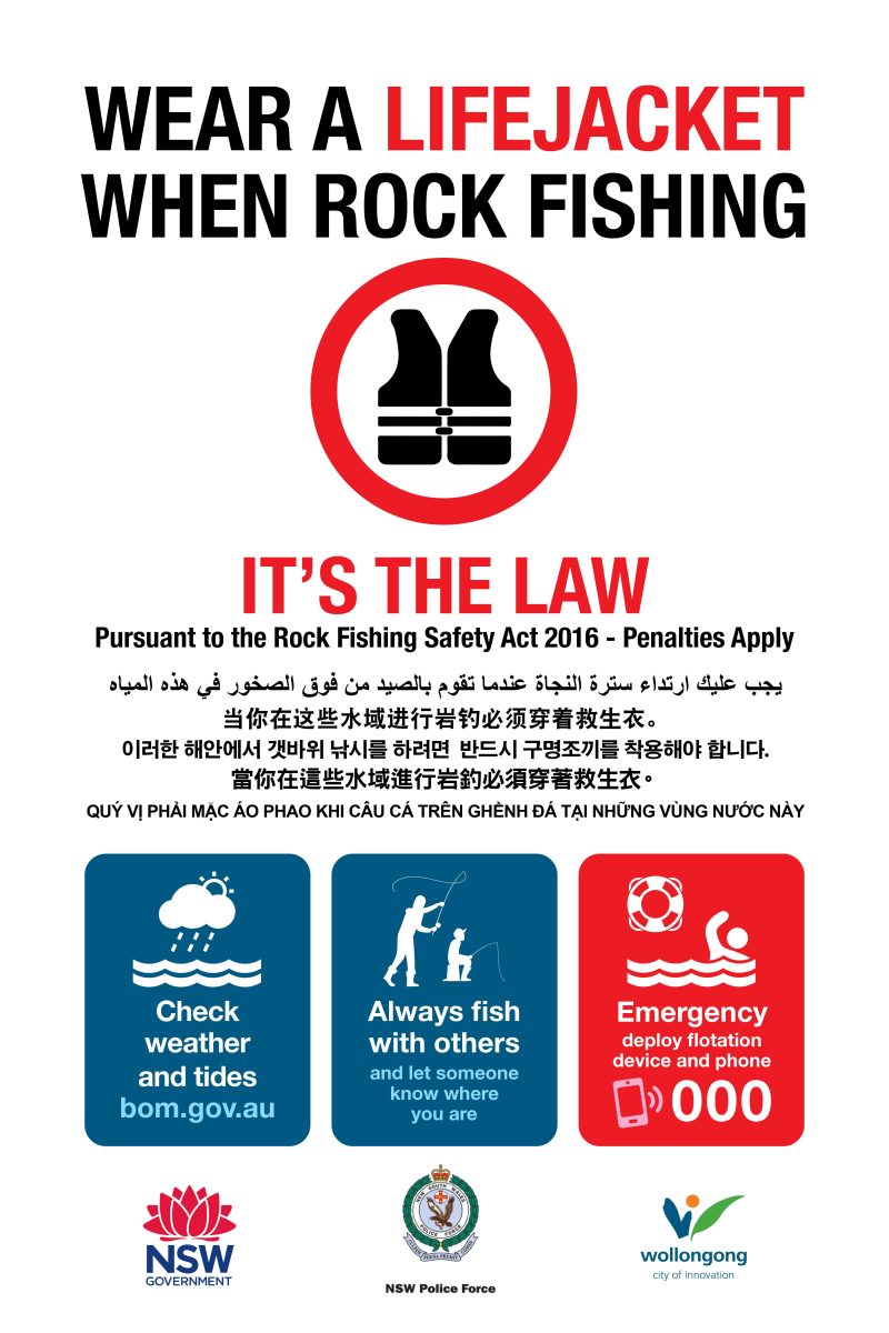 Rock fishing safety signs installed at Port Kembla.
