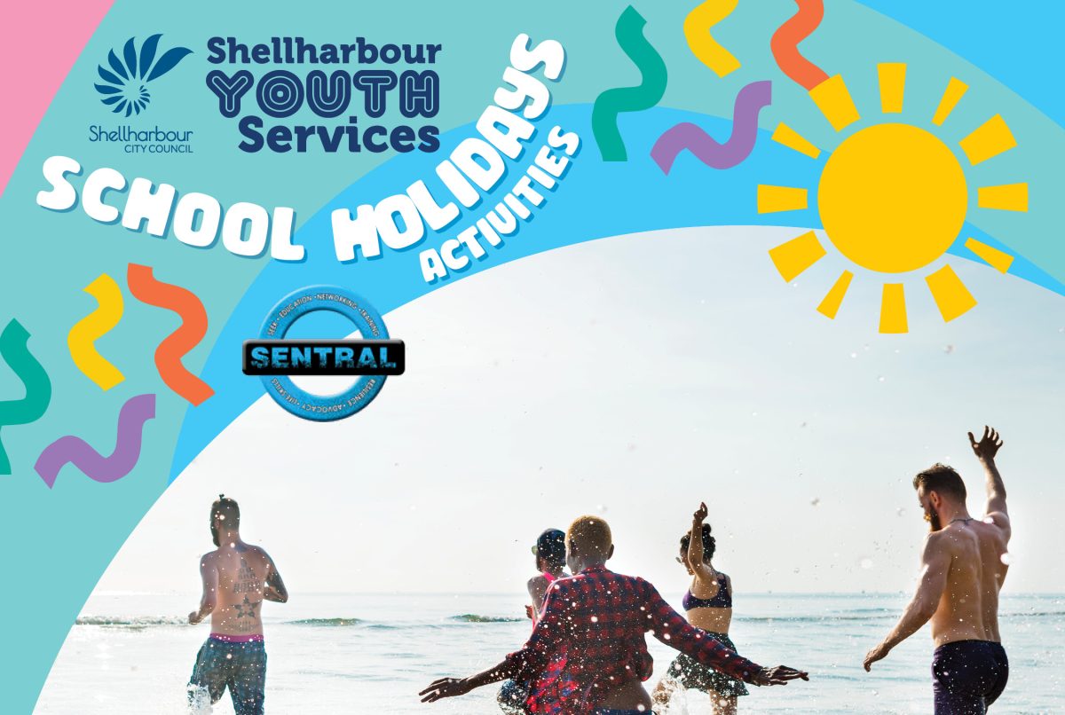 Flyer for school holiday activities at Shellharbour featuring youths running into water at a beach