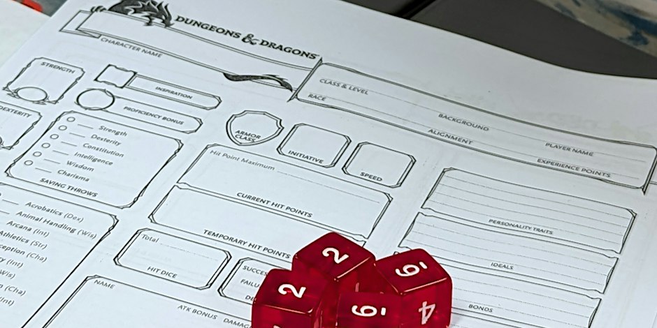 Dice on a Dungeons and Dragon character sheet