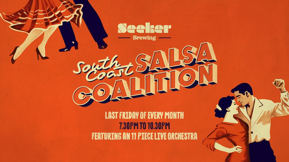 Banner for salsa coalition at Seeker Brewing featuring illustration of couple dancing