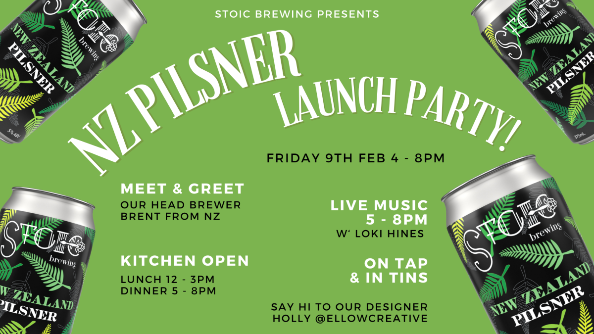 Banner for Stoic Brewing's launch of a new New Zealand Pilsner