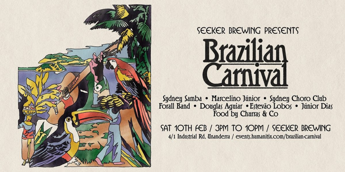 Banner for Brazilian Carnival at Seeker Brewing featuring tropical birds and foliage