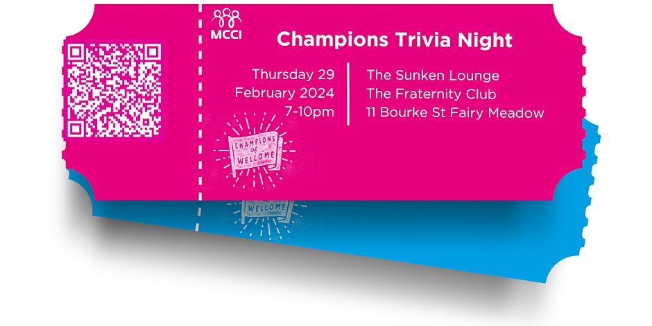 Illustration of tickets with details of MCCI Champions of Welcome Trivia night