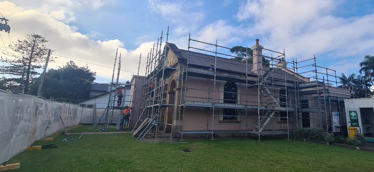 Building surrounded by scaffolding.