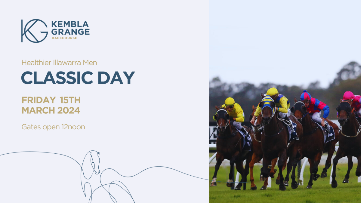 Banner for Classic Race Day at Kembla Grange Racecourse featuring horse racing