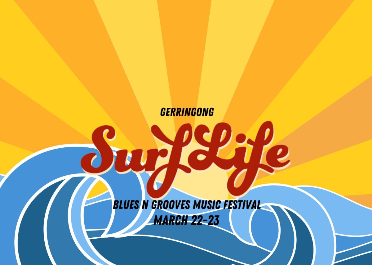 Banner for SurfLife Music Festival Gerringong featuring a stylised sunset over the ocean waves