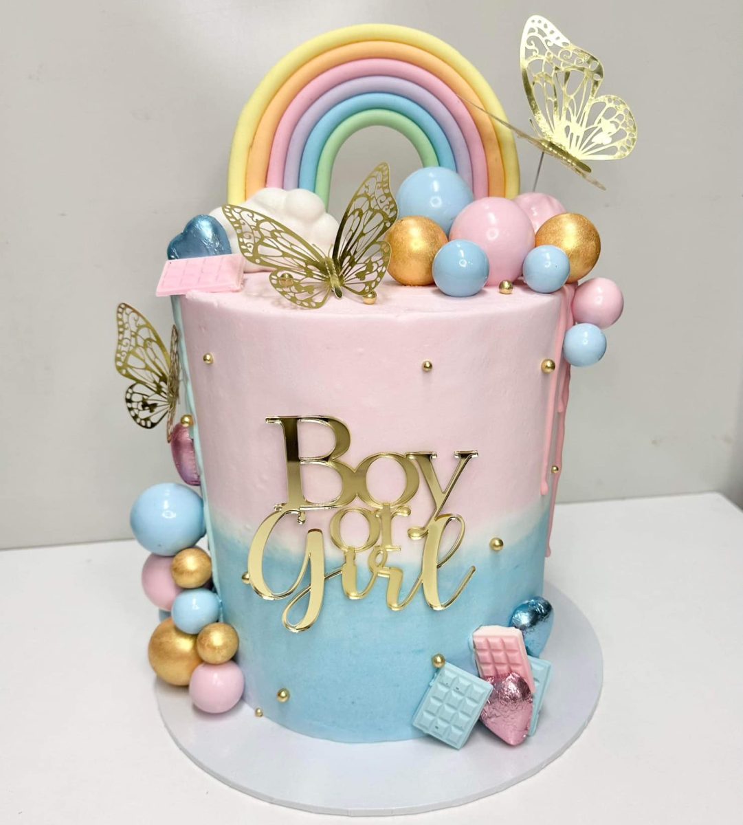 Pink and blue cake that says boy or girl, from Berkeley Cakes and Pies