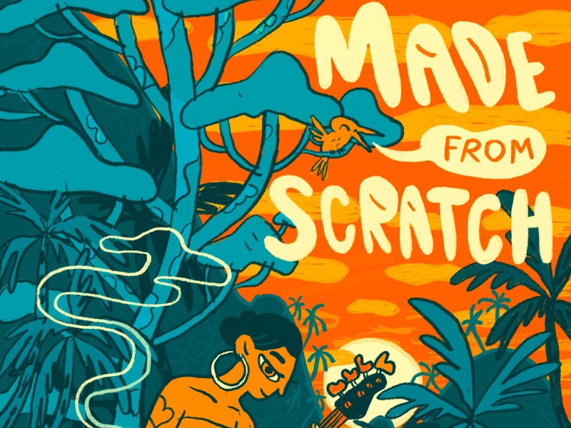 Made From Scratch banner showing stylised illustration of woman playing a stringed instrument in jungle.