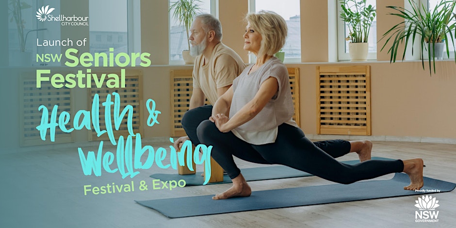 Banner for launch of Senior's Week by Shellharbour City Council featuring two seniors doing yoga.