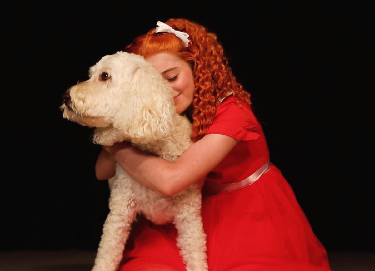 Still from Annie musical showing Annie hugging a dog