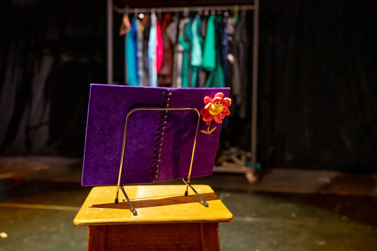 A diary propped open on a stage 