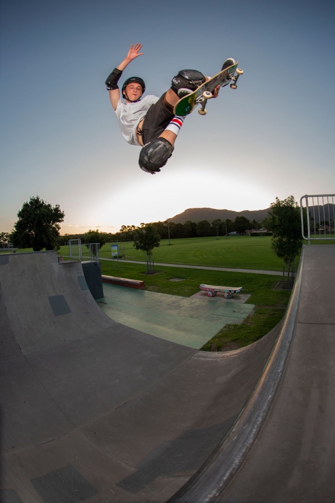 Luke Russell pulls off a stale fish air at Fairy Meadow skate park.