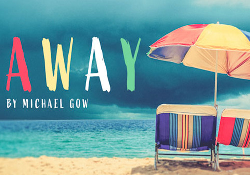 Banner for Away presented by Roo Theatre featuring an umbrella and fold out chairs on a beach