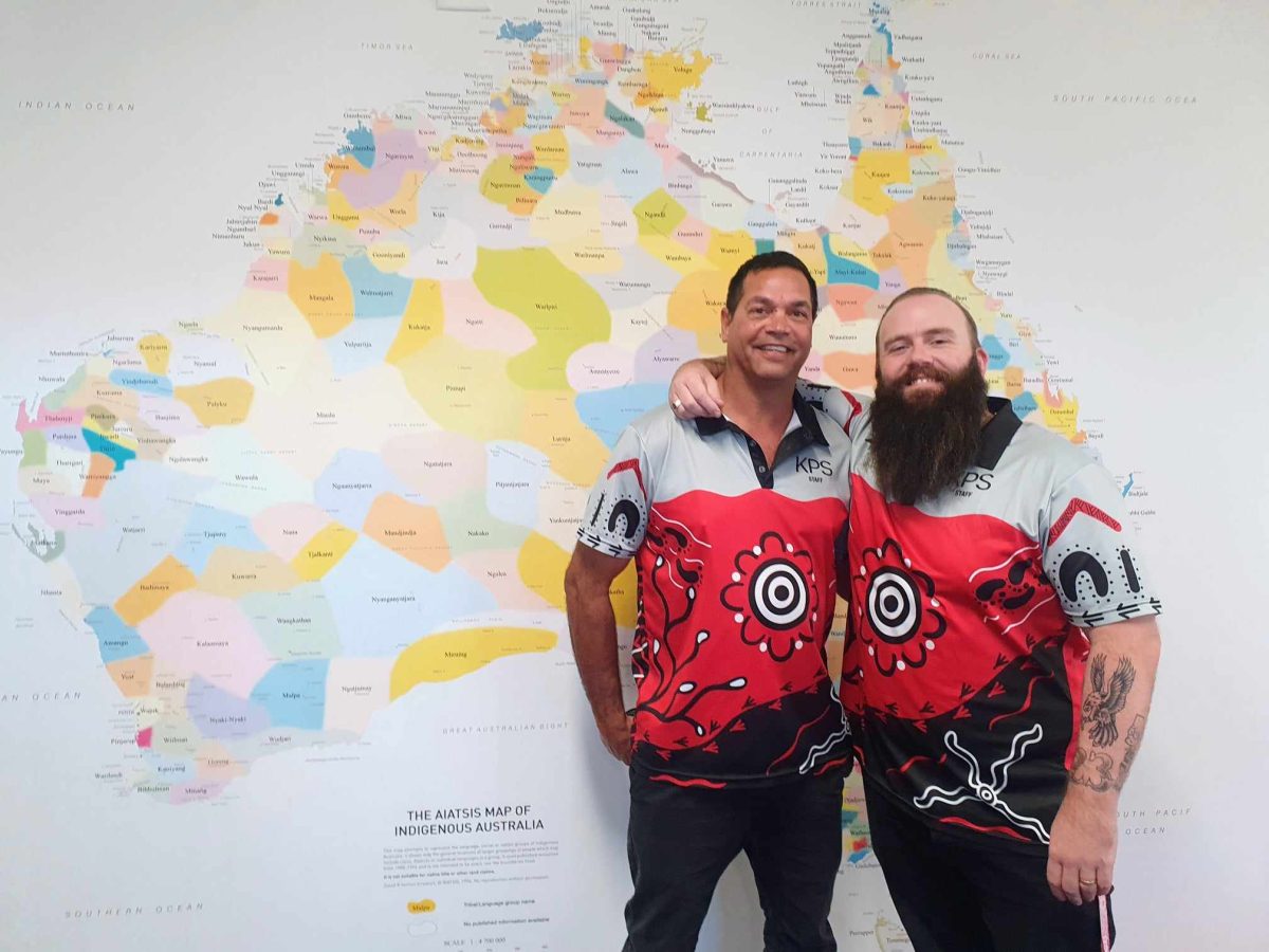 Lee Moran and Brent Pritchard in front of an indigenous map of Australia.