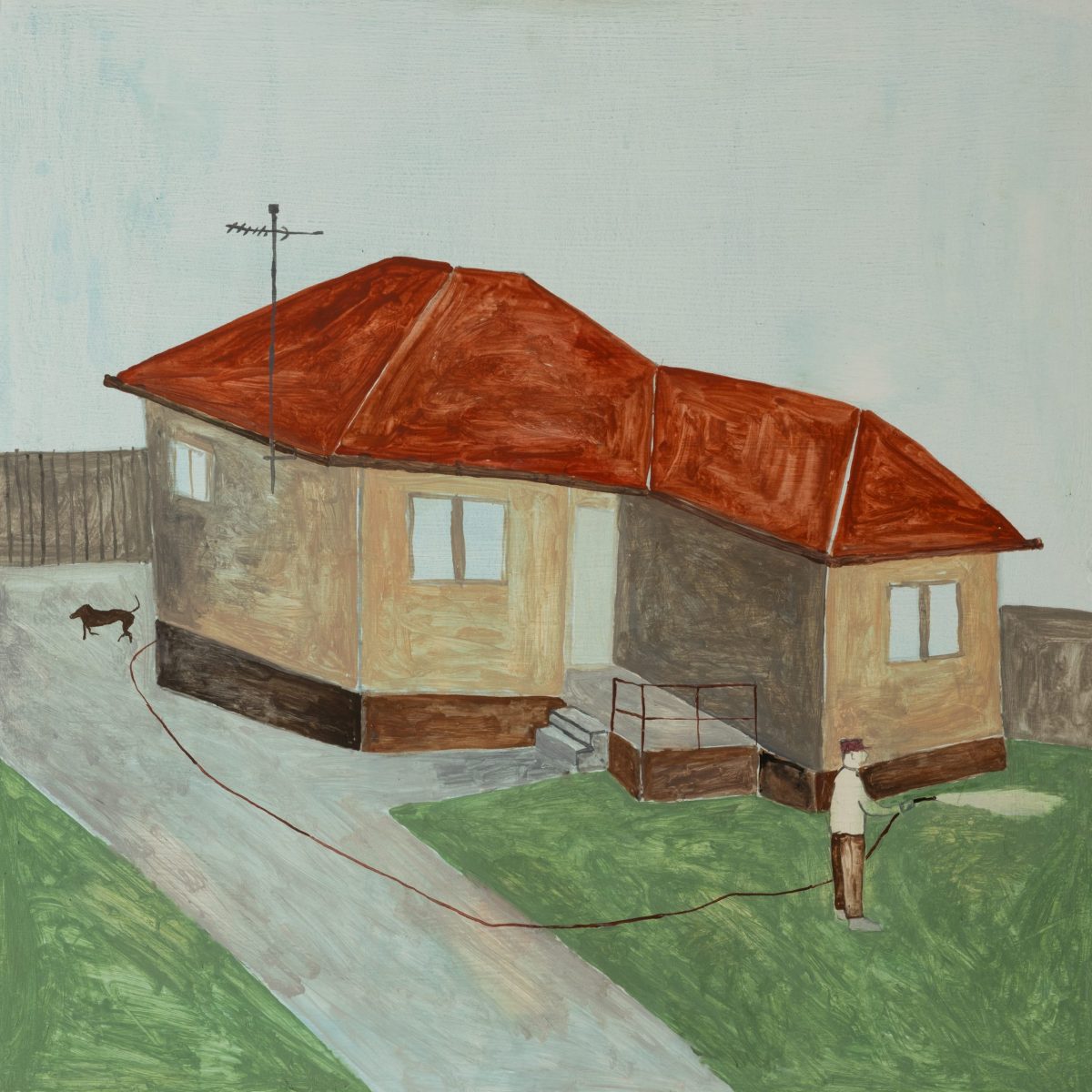 Painting of a man hosing his lawn of a suburban house with a dog in the background