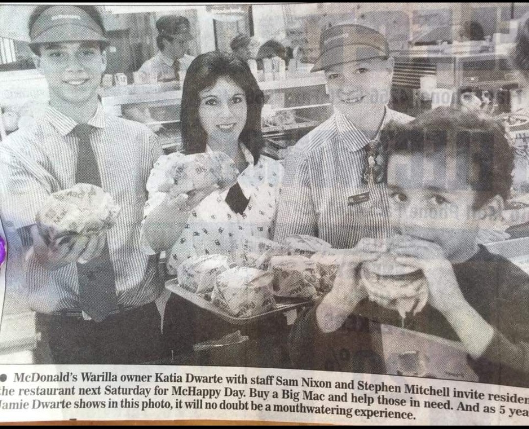 Scan of newspaper clipping showing the Dwarte family at McDonalds Warilla