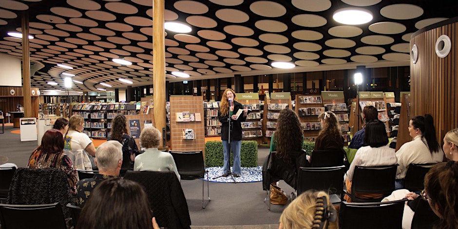 Woman stand up at Open Mic Night at Shellharbour City Library