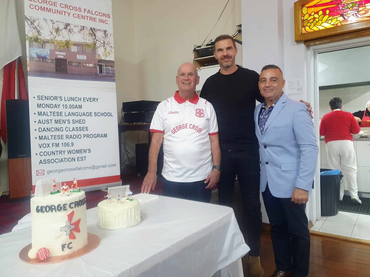 President of the Cringila Maltese Club, football reunion organiser and former player, Louis Parnis, with guest former Socceroo Ante Covic and event sponsor Frank Farrugia.