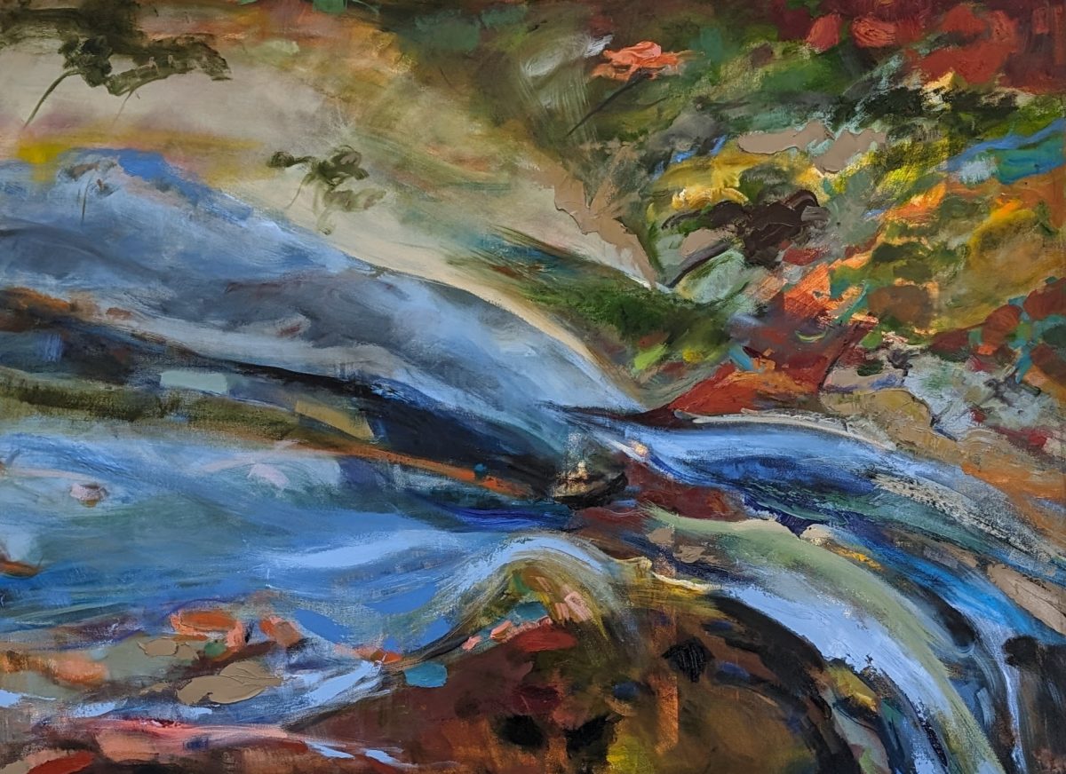 Semi-abstract painting of river running over rocks by Del Cooley