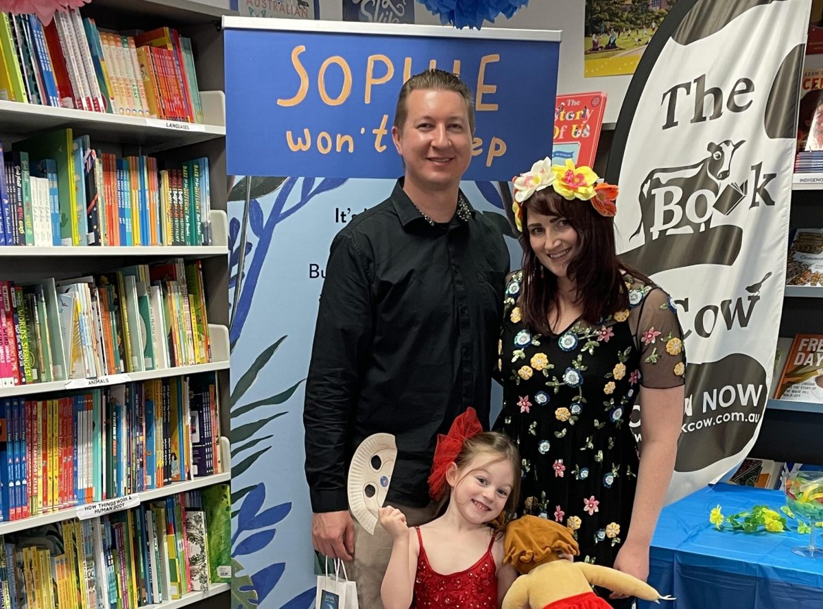 Danielle, Sophie and Clint at a book signing for Sophie can't Sleep