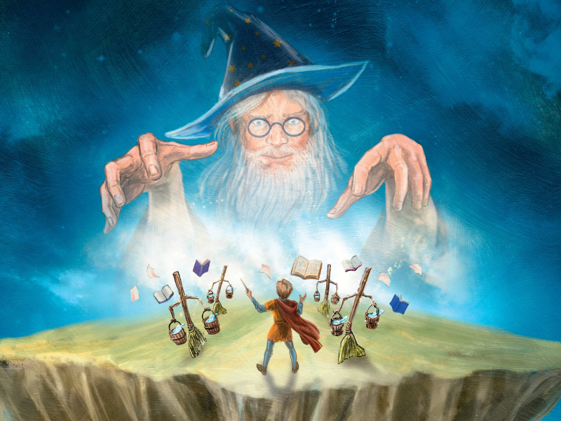 Illustration of sorcerer in the sky and young boy with a wand