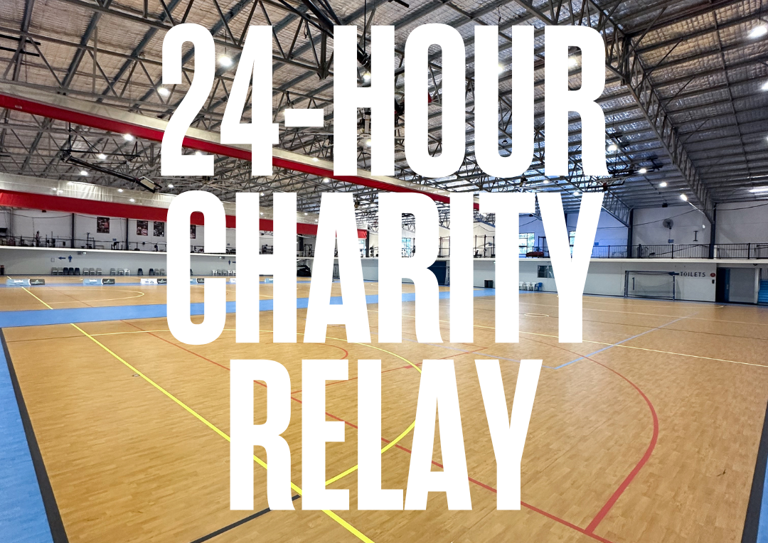 Basketball court with the words 24-hour charity relax