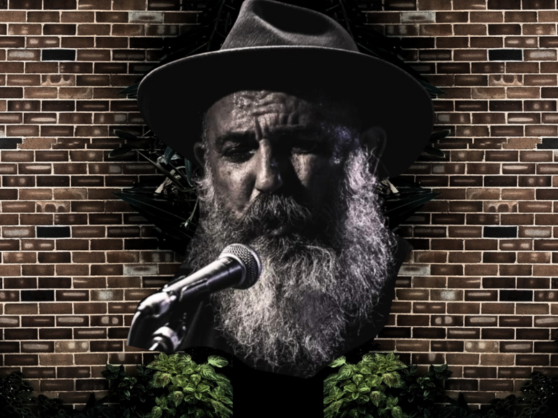 composite of bearded man singing into microphone against a brick wall