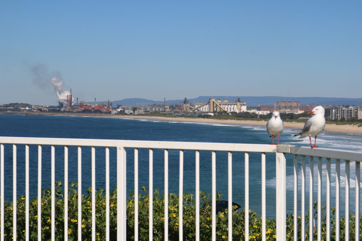 view along coastline with furnace in distance