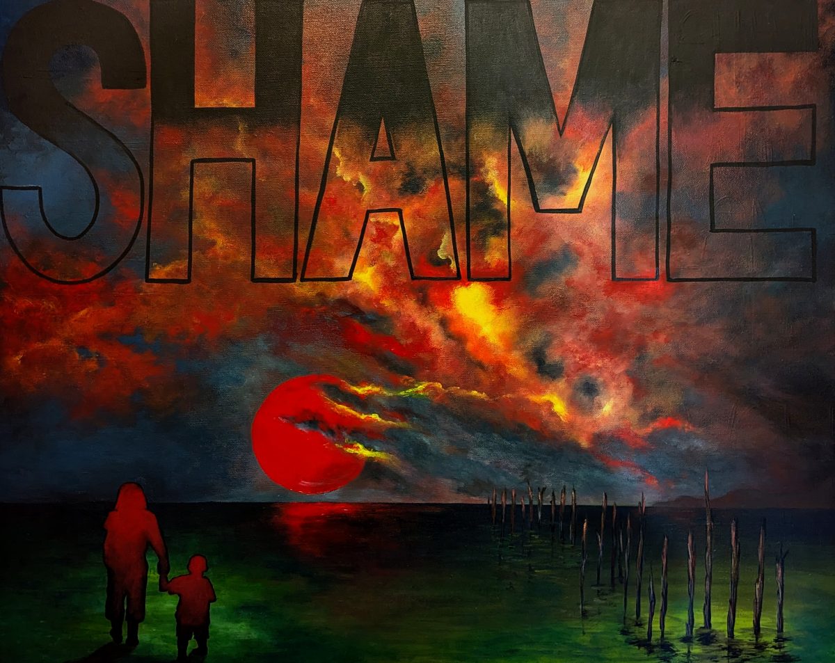 Painting of a silhouetted parent and child looking at a scorched earth with the word SHAME written across it