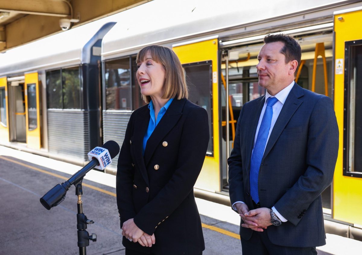 Two people in front of a train.