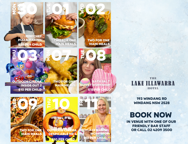 Flyer for school holiday activities at The Lake Illawarra Hotel