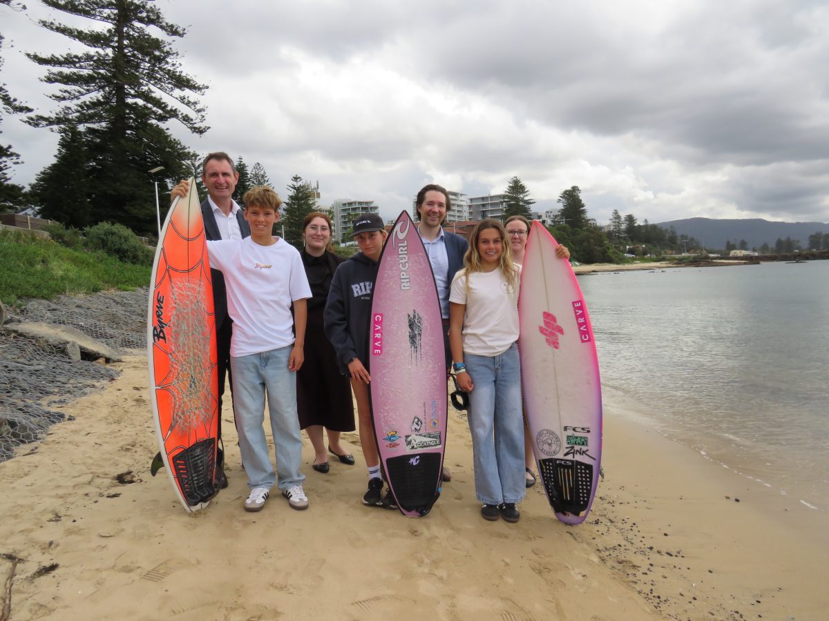 Jeremy Wiltshire, Cruz Air, Leah Fishburn, Lani Cairncross, Oscar Kettle, Alice Hodgson, and Sarah Todd are stoked the Junior Australian Surfing championships are coming to Wollongong.