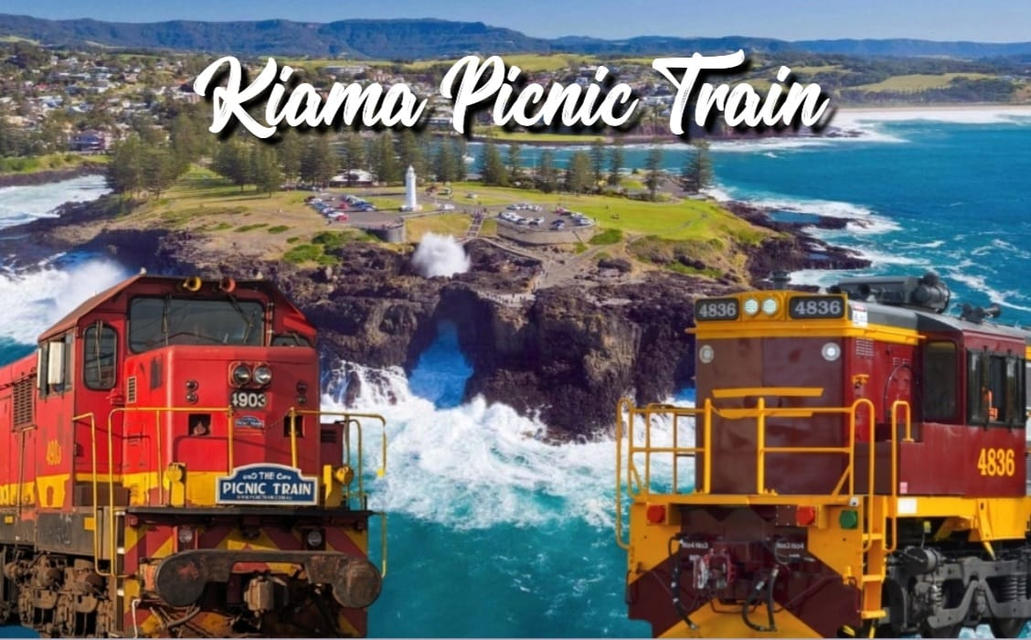 Diesel trains superimposed on a backdrop of Kiama cliffs and beach