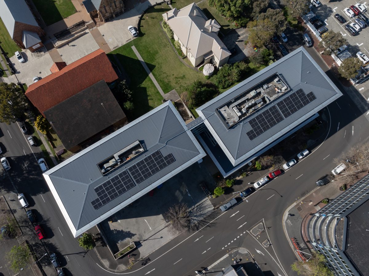 Wollongong's Hotel TOTTO aerial shot showing roof with solar power system