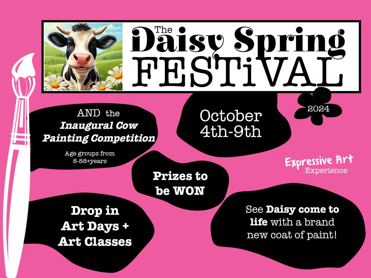 Pink Flyer with black cow spots for Daisy Spring Festival event in Kiama