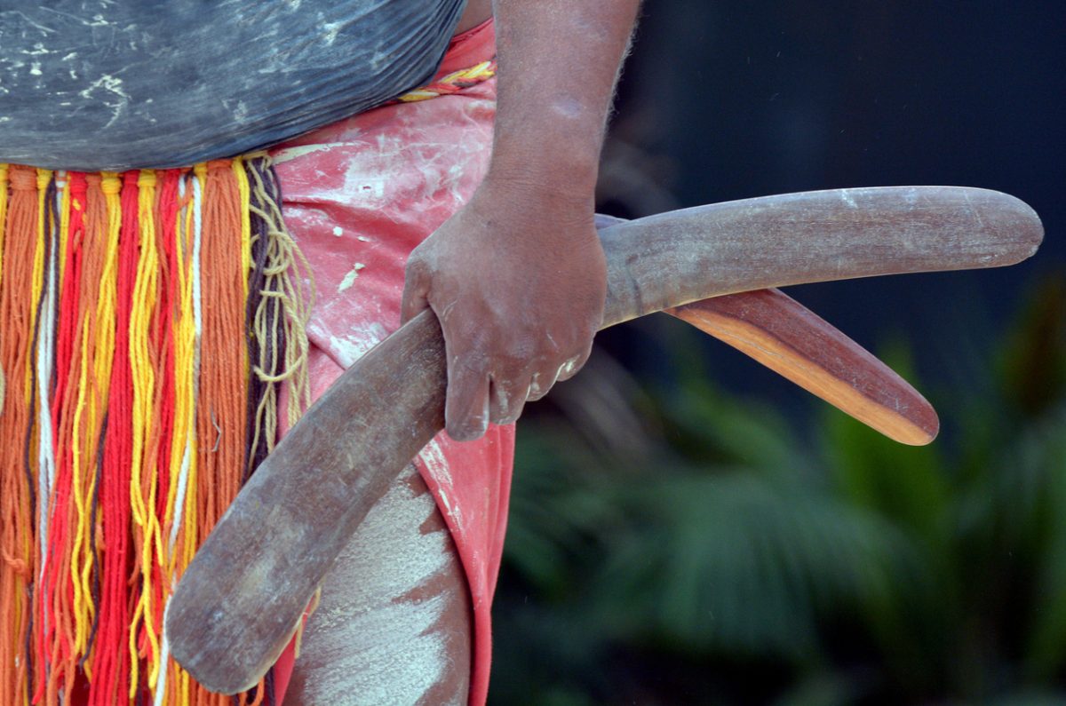 Yugambeh Aboriginal man hand holds boomerangs during Aboriginal culture show in Queensland, Australia.